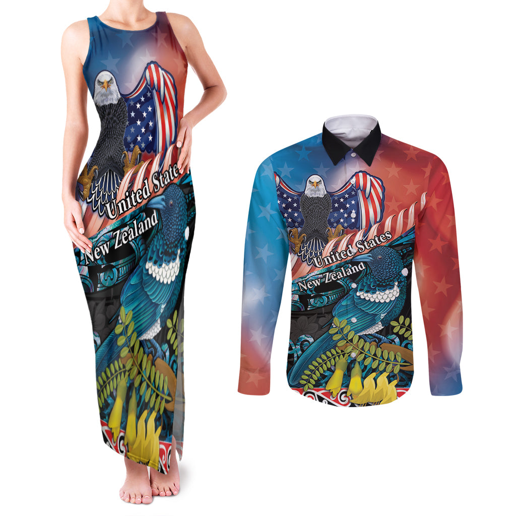 Personalised United States And New Zealand Couples Matching Tank Maxi Dress and Long Sleeve Button Shirt USA Eagle With Kowhai Aotearoa Tui Bird LT14 Blue - Polynesian Pride