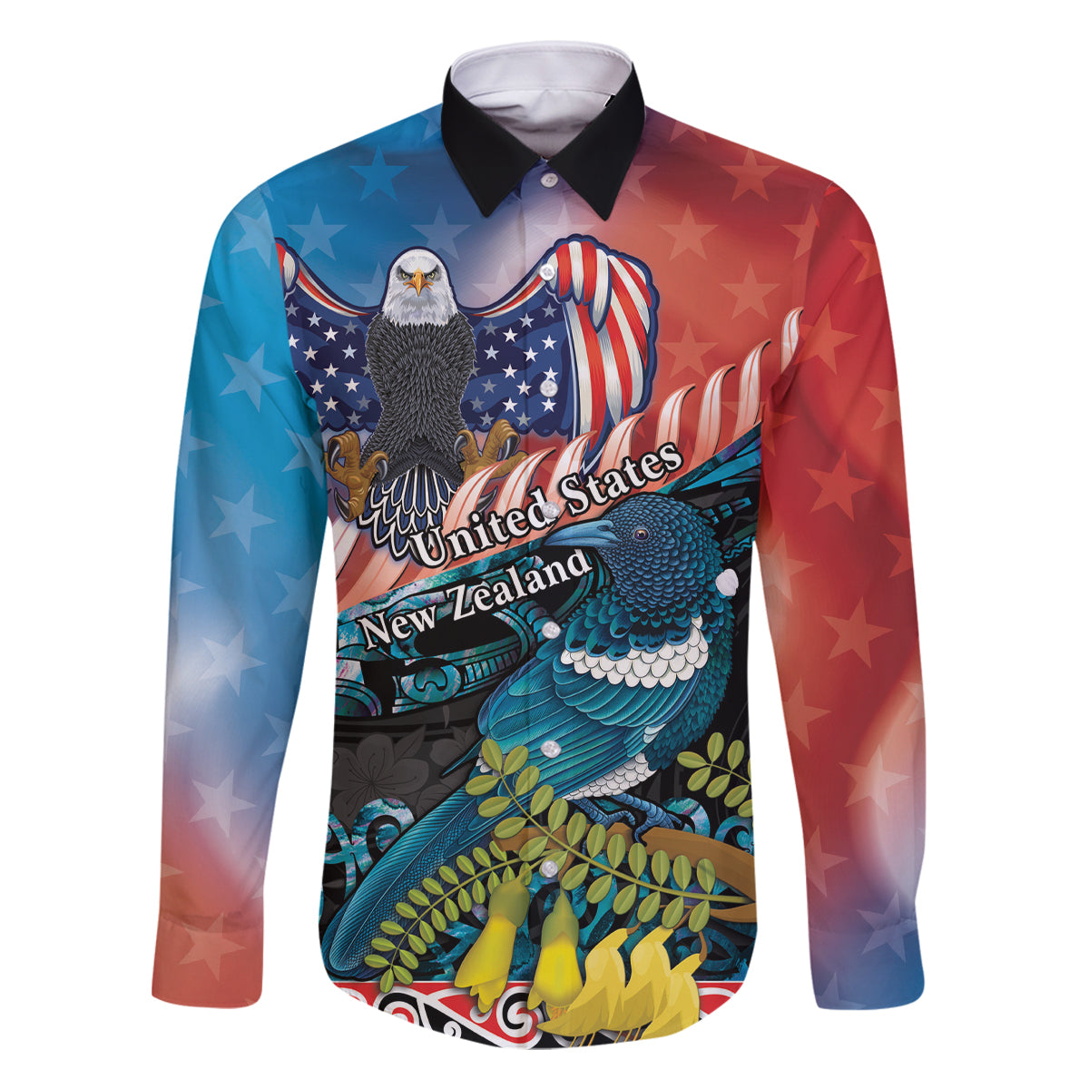 Personalised United States And New Zealand Family Matching Long Sleeve Bodycon Dress and Hawaiian Shirt USA Eagle With Kowhai Aotearoa Tui Bird LT14 Dad's Shirt - Long Sleeve Blue - Polynesian Pride