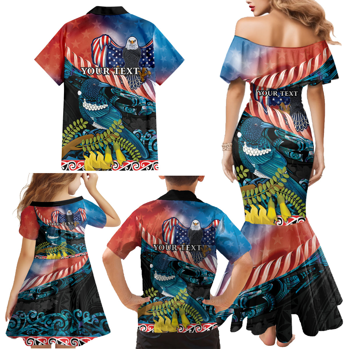 Personalised United States And New Zealand Family Matching Mermaid Dress and Hawaiian Shirt USA Eagle With Kowhai Aotearoa Tui Bird LT14 - Polynesian Pride