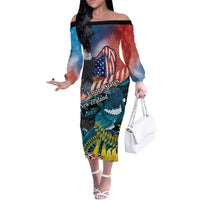 Personalised United States And New Zealand Family Matching Off The Shoulder Long Sleeve Dress and Hawaiian Shirt USA Eagle With Kowhai Aotearoa Tui Bird