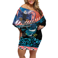 Personalised United States And New Zealand Family Matching Off Shoulder Short Dress and Hawaiian Shirt USA Eagle With Kowhai Aotearoa Tui Bird