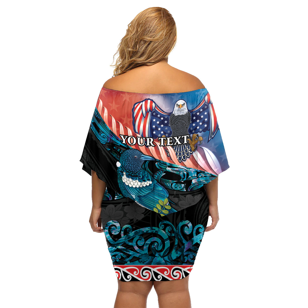 Personalised United States And New Zealand Family Matching Off Shoulder Short Dress and Hawaiian Shirt USA Eagle With Kowhai Aotearoa Tui Bird