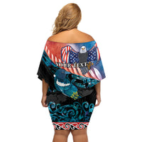 Personalised United States And New Zealand Family Matching Off Shoulder Short Dress and Hawaiian Shirt USA Eagle With Kowhai Aotearoa Tui Bird