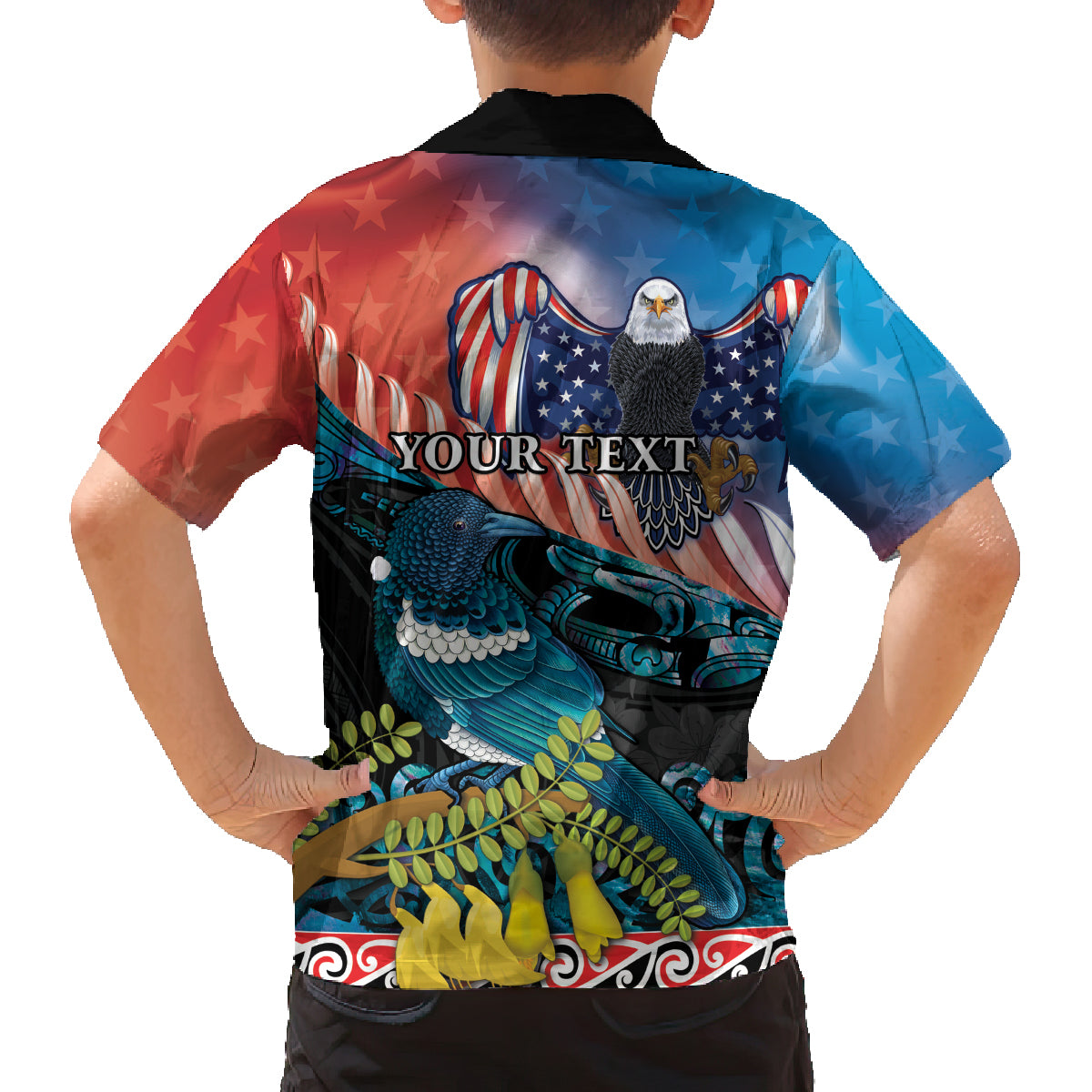 Personalised United States And New Zealand Family Matching Puletasi and Hawaiian Shirt USA Eagle With Kowhai Aotearoa Tui Bird LT14 - Polynesian Pride