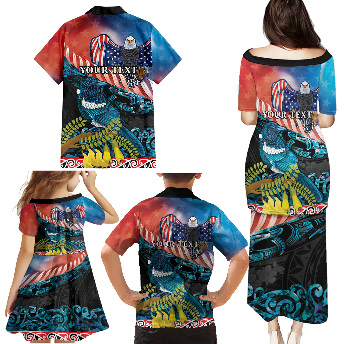Personalised United States And New Zealand Family Matching Puletasi and Hawaiian Shirt USA Eagle With Kowhai Aotearoa Tui Bird LT14 - Polynesian Pride