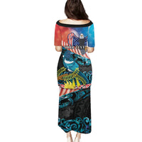 Personalised United States And New Zealand Family Matching Puletasi and Hawaiian Shirt USA Eagle With Kowhai Aotearoa Tui Bird LT14 - Polynesian Pride