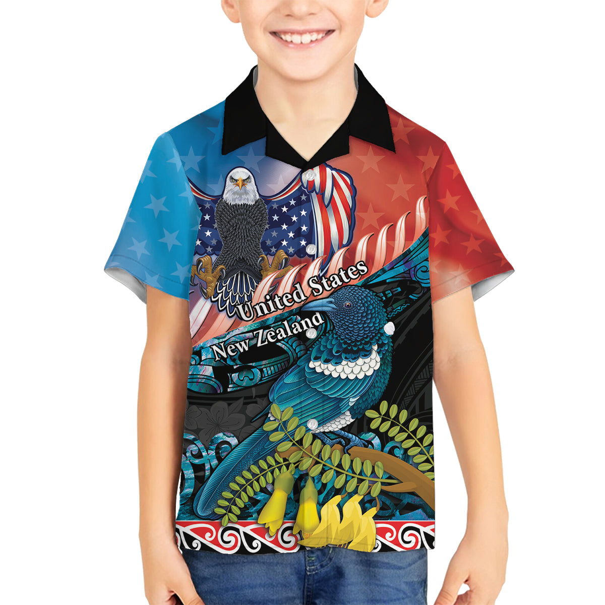 Personalised United States And New Zealand Family Matching Puletasi and Hawaiian Shirt USA Eagle With Kowhai Aotearoa Tui Bird LT14 Son's Shirt Blue - Polynesian Pride