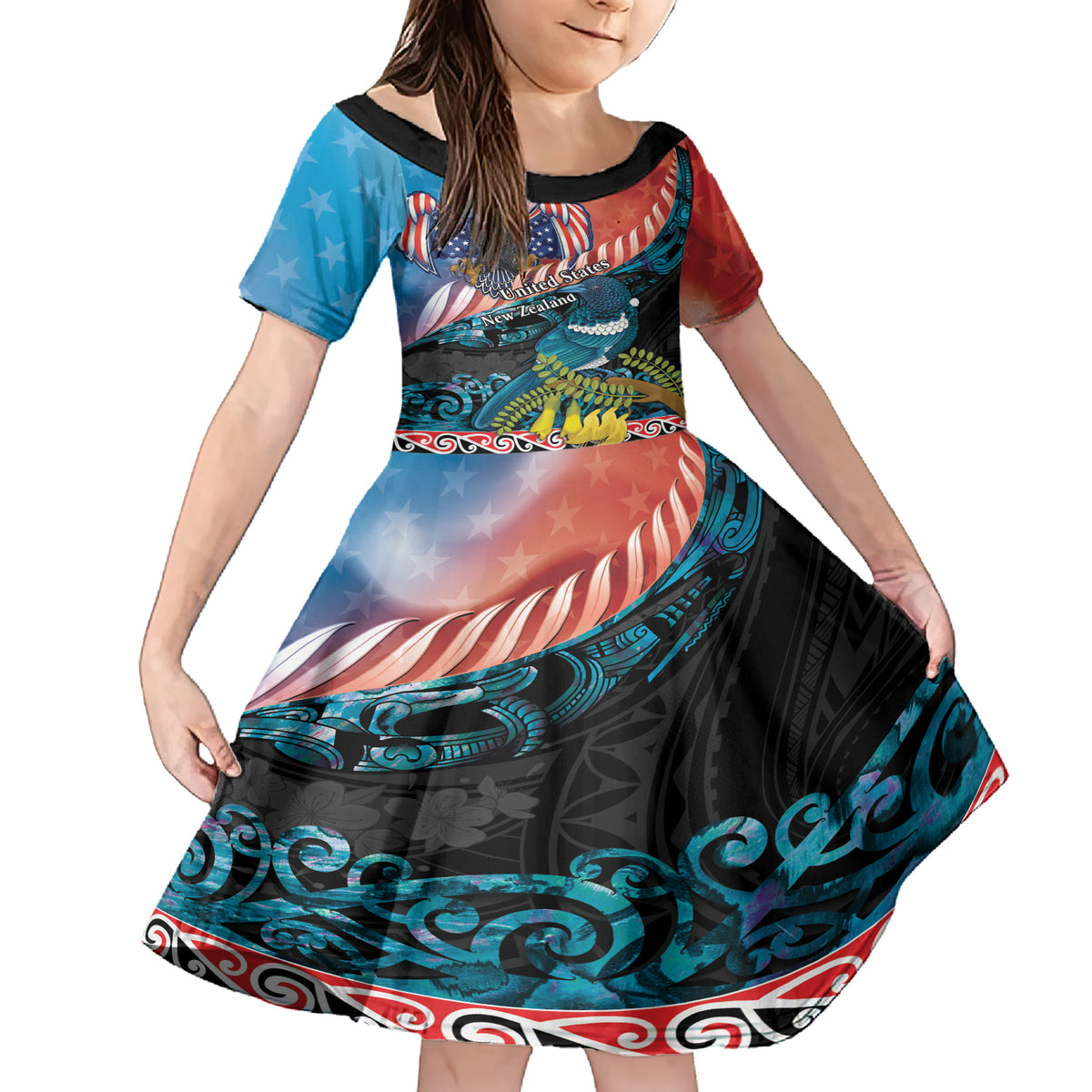 Personalised United States And New Zealand Family Matching Short Sleeve Bodycon Dress and Hawaiian Shirt USA Eagle With Kowhai Aotearoa Tui Bird LT14 Daughter's Dress Blue - Polynesian Pride