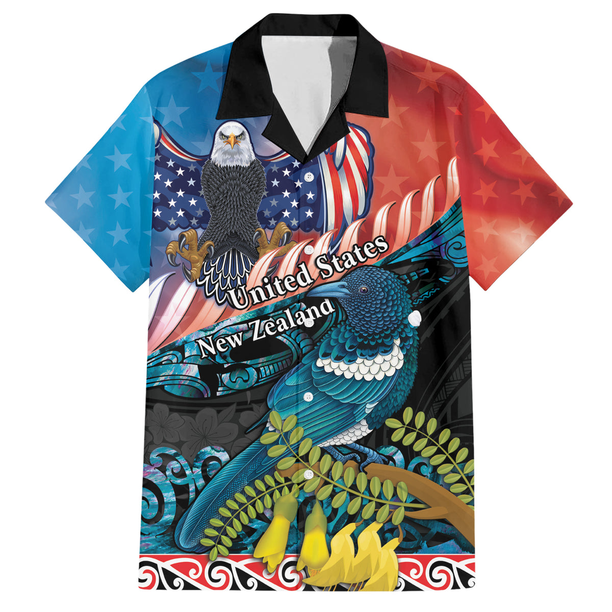 Personalised United States And New Zealand Family Matching Short Sleeve Bodycon Dress and Hawaiian Shirt USA Eagle With Kowhai Aotearoa Tui Bird LT14 Dad's Shirt - Short Sleeve Blue - Polynesian Pride