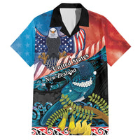 Personalised United States And New Zealand Family Matching Short Sleeve Bodycon Dress and Hawaiian Shirt USA Eagle With Kowhai Aotearoa Tui Bird LT14 Dad's Shirt - Short Sleeve Blue - Polynesian Pride