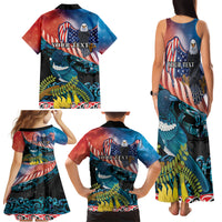 Personalised United States And New Zealand Family Matching Tank Maxi Dress and Hawaiian Shirt USA Eagle With Kowhai Aotearoa Tui Bird