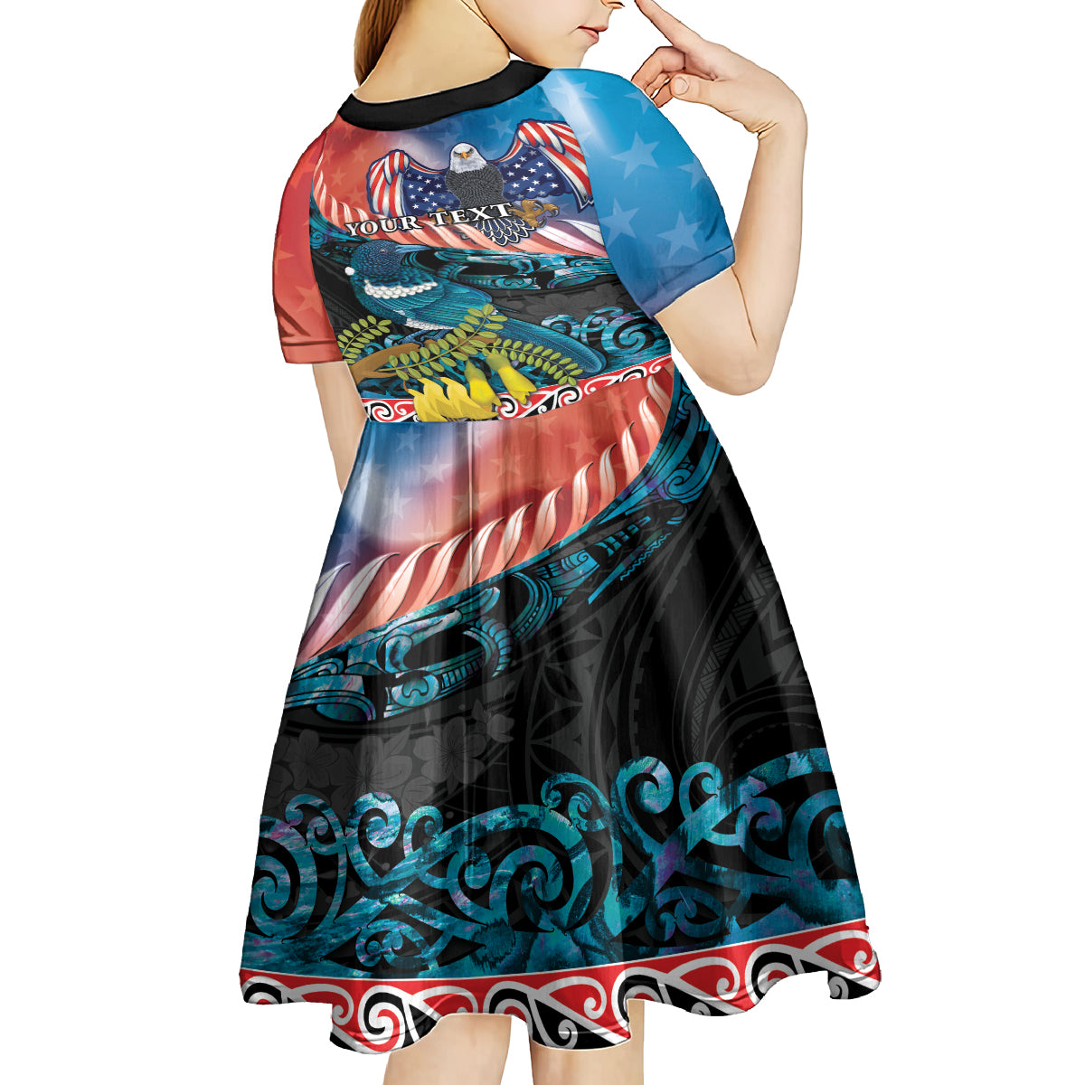 Personalised United States And New Zealand Kid Short Sleeve Dress USA Eagle With Kowhai Aotearoa Tui Bird LT14 - Polynesian Pride