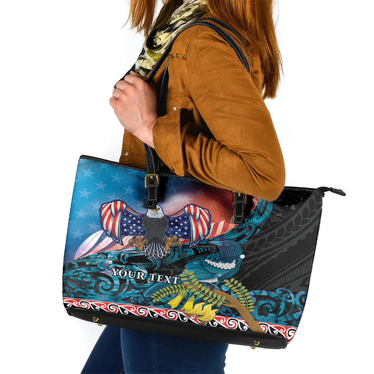 Personalised United States And New Zealand Leather Tote Bag USA Eagle With Kowhai Aotearoa Tui Bird LT14 Blue - Polynesian Pride