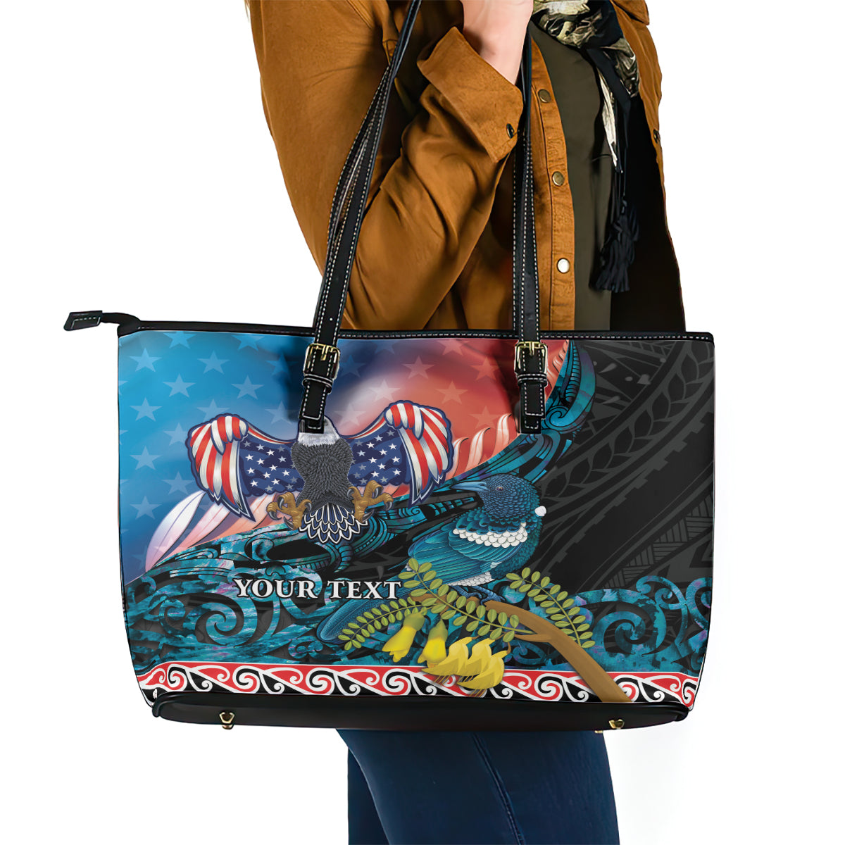 Personalised United States And New Zealand Leather Tote Bag USA Eagle With Kowhai Aotearoa Tui Bird LT14 - Polynesian Pride