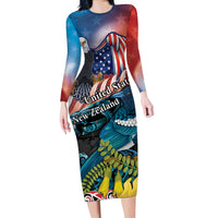 Personalised United States And New Zealand Long Sleeve Bodycon Dress USA Eagle With Kowhai Aotearoa Tui Bird LT14 Long Dress Blue - Polynesian Pride