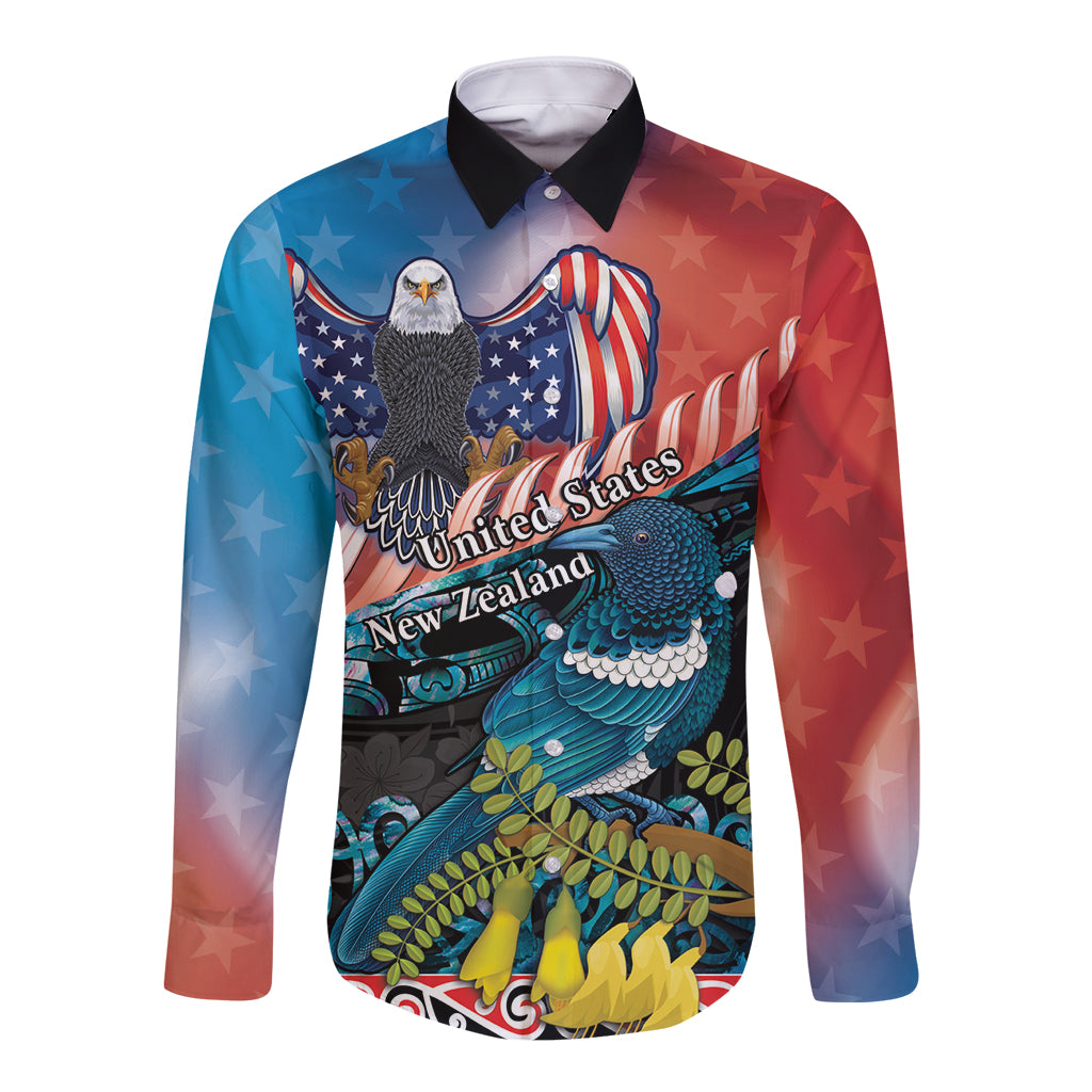 Personalised United States And New Zealand Long Sleeve Button Shirt USA Eagle With Kowhai Aotearoa Tui Bird