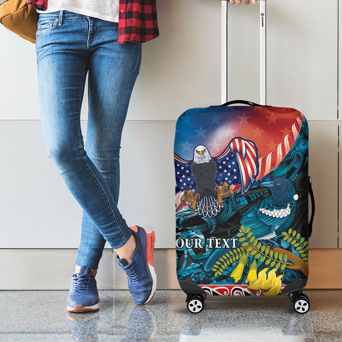 Personalised United States And New Zealand Luggage Cover USA Eagle With Kowhai Aotearoa Tui Bird