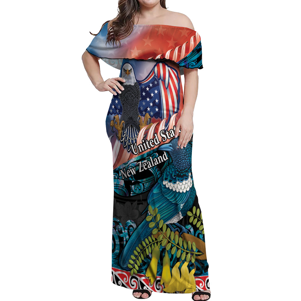 Personalised United States And New Zealand Off Shoulder Maxi Dress USA Eagle With Kowhai Aotearoa Tui Bird LT14 Women Blue - Polynesian Pride