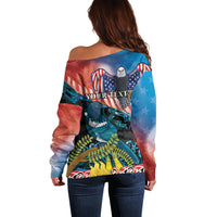 Personalised United States And New Zealand Off Shoulder Sweater USA Eagle With Kowhai Aotearoa Tui Bird