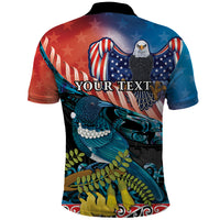 Personalised United States And New Zealand Polo Shirt USA Eagle With Kowhai Aotearoa Tui Bird