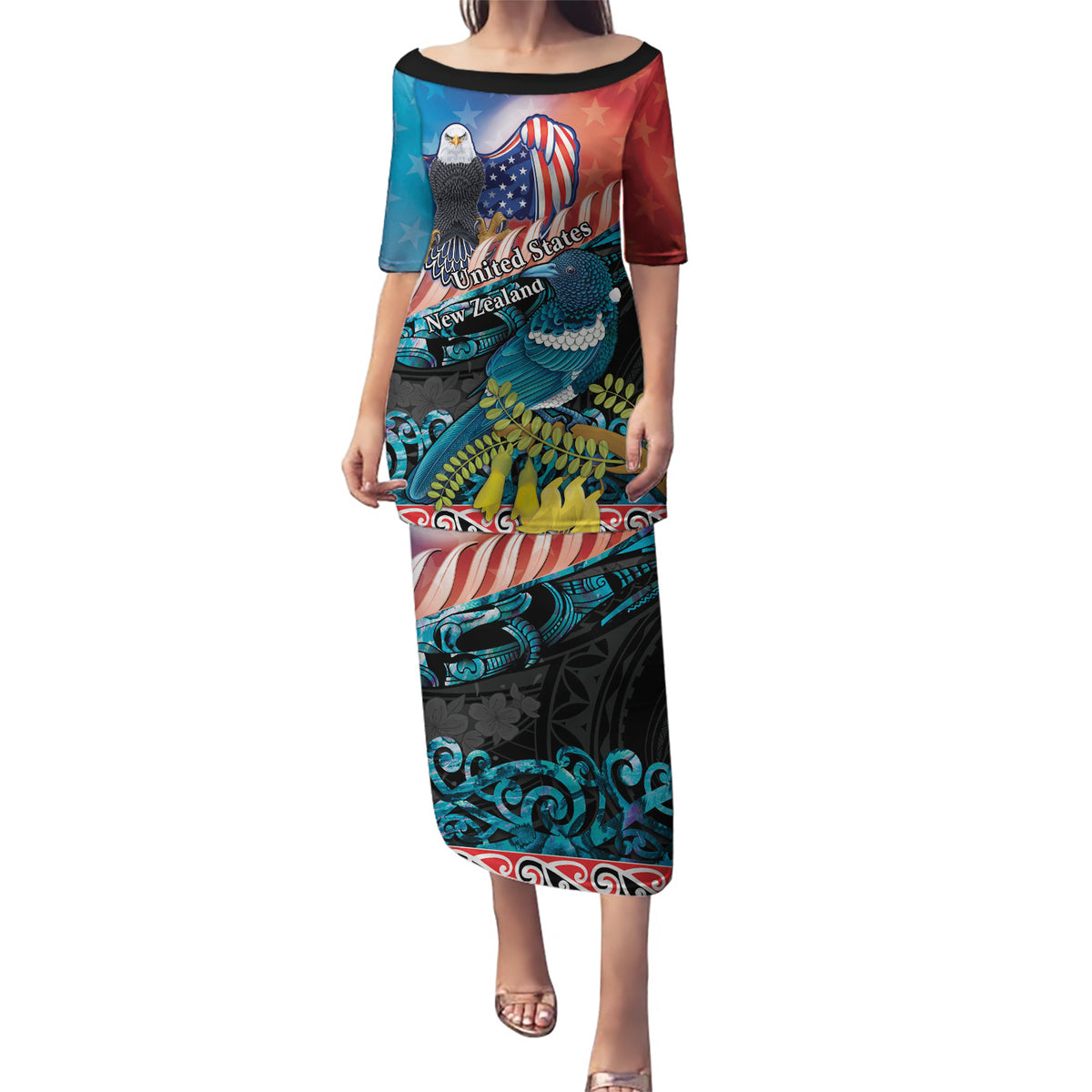 Personalised United States And New Zealand Puletasi USA Eagle With Kowhai Aotearoa Tui Bird LT14 Long Dress Blue - Polynesian Pride