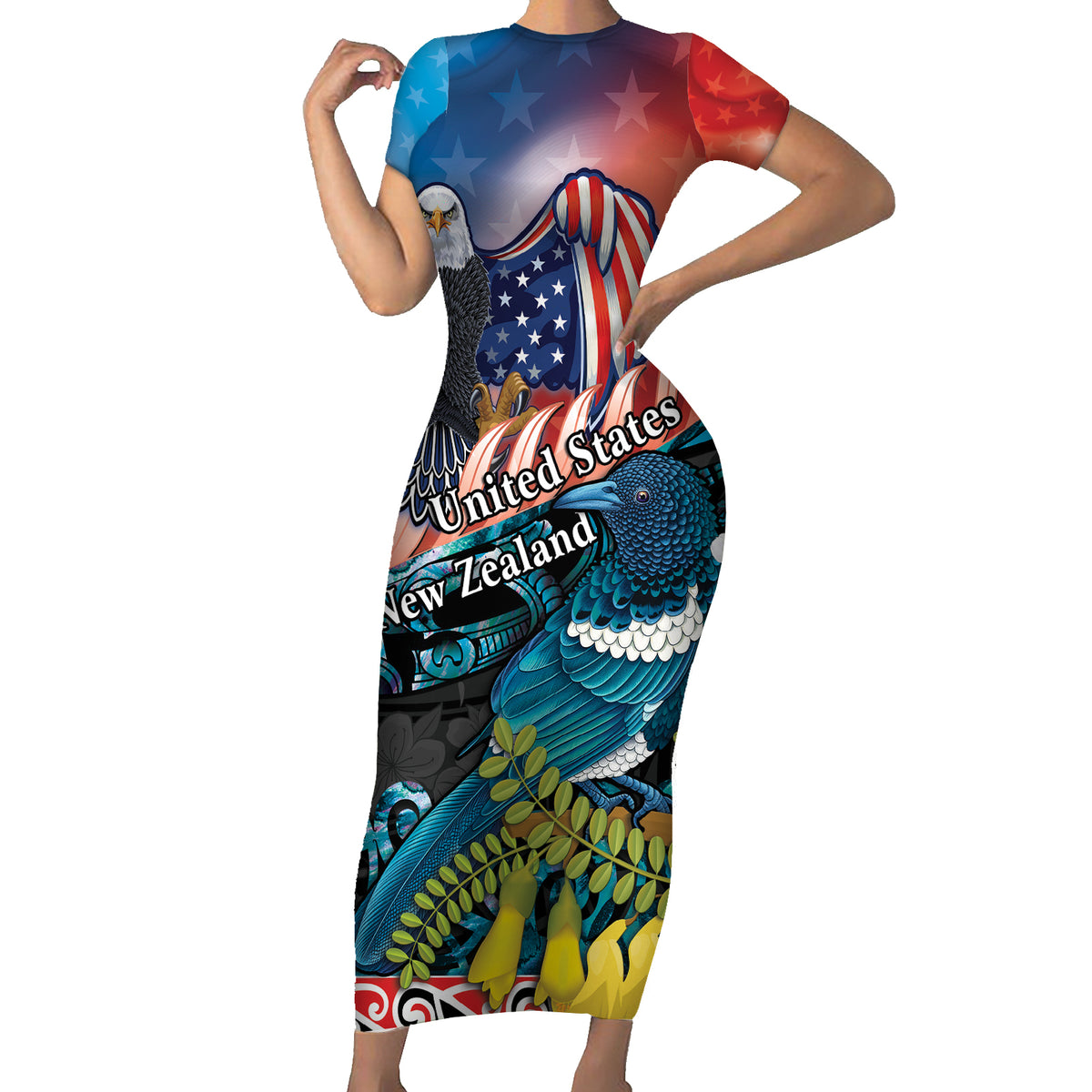 Personalised United States And New Zealand Short Sleeve Bodycon Dress USA Eagle With Kowhai Aotearoa Tui Bird LT14 Long Dress Blue - Polynesian Pride