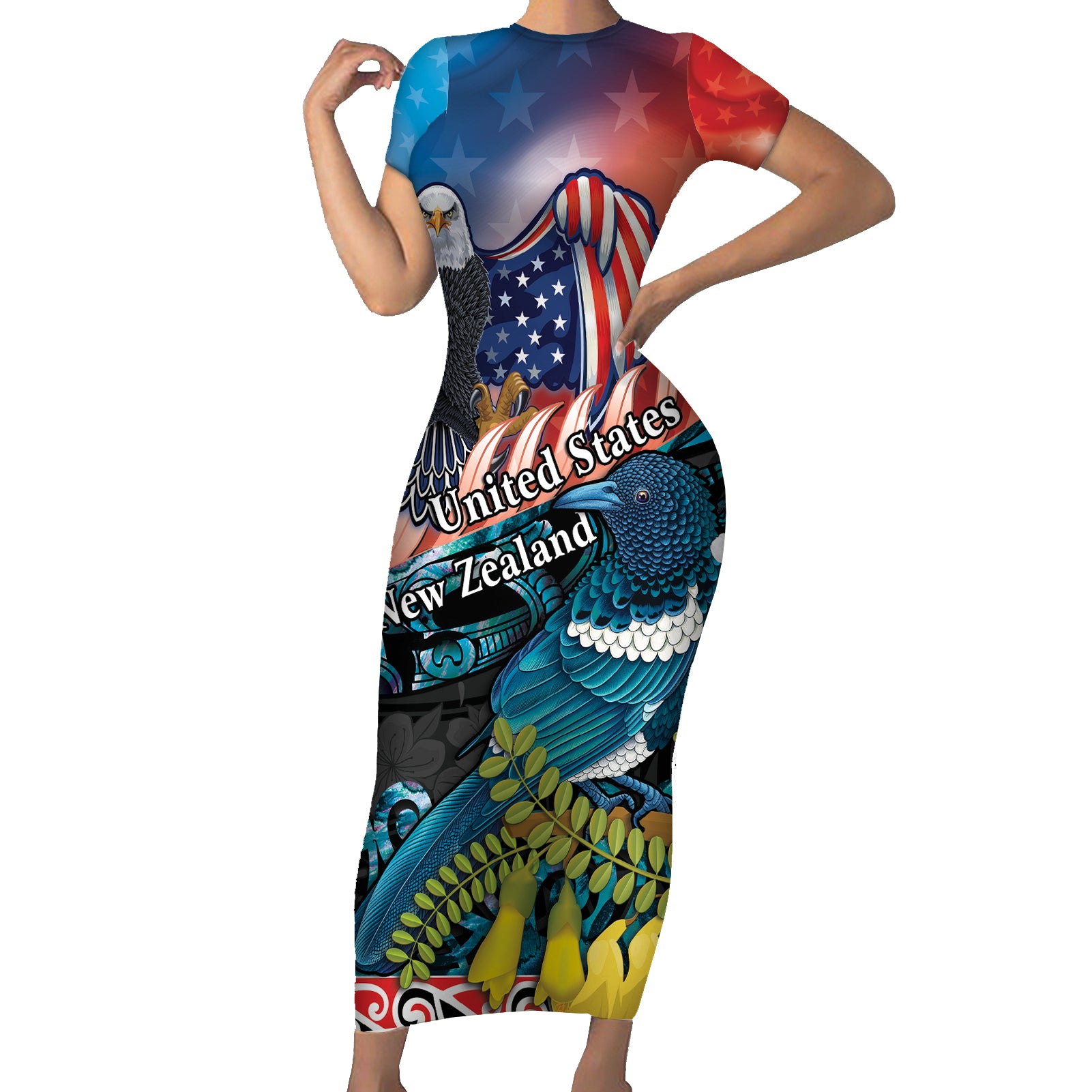 Personalised United States And New Zealand Short Sleeve Bodycon Dress USA Eagle With Kowhai Aotearoa Tui Bird