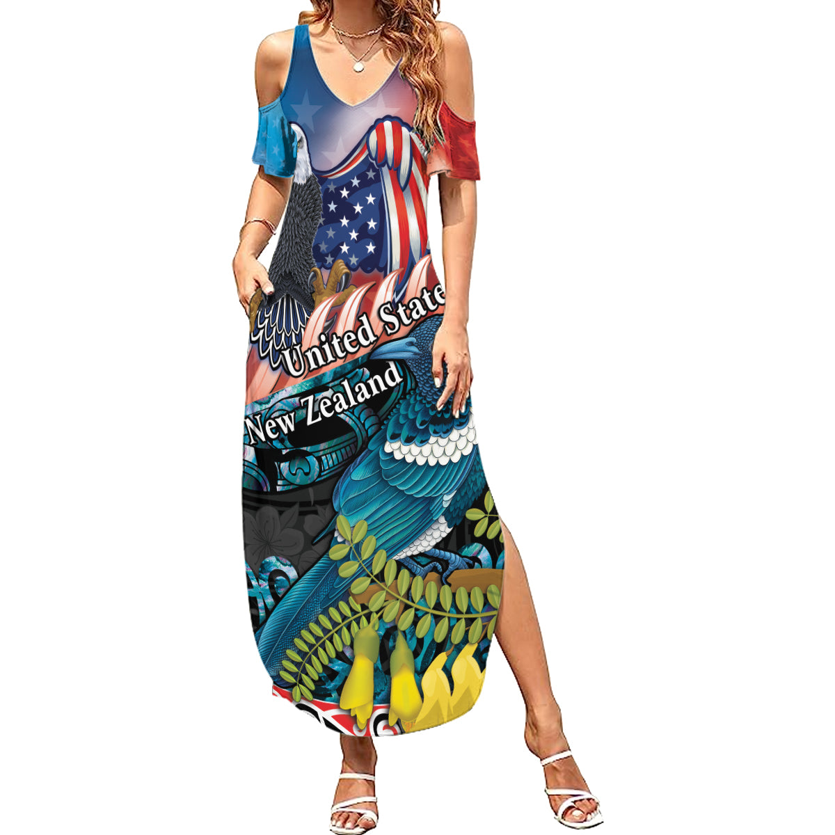 Personalised United States And New Zealand Summer Maxi Dress USA Eagle With Kowhai Aotearoa Tui Bird