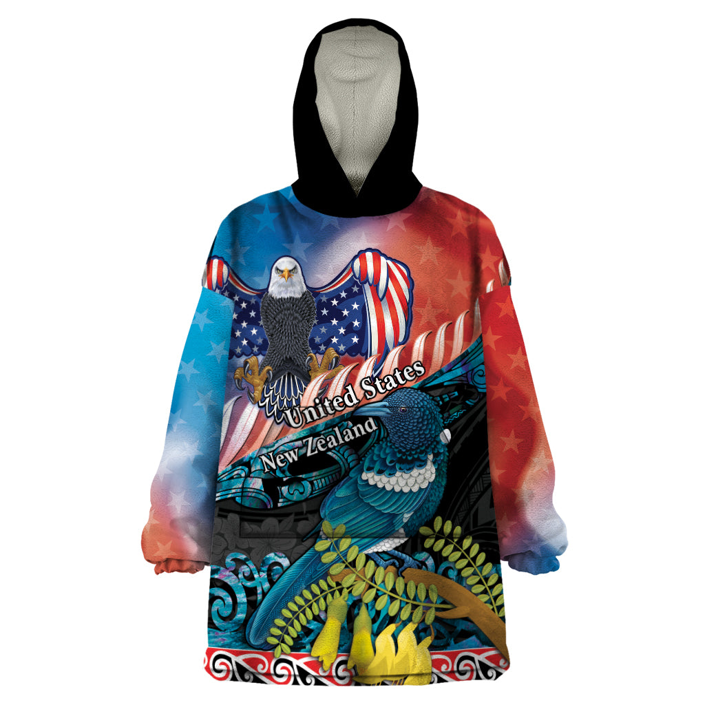Personalised United States And New Zealand Wearable Blanket Hoodie USA Eagle With Kowhai Aotearoa Tui Bird LT14 One Size Blue - Polynesian Pride