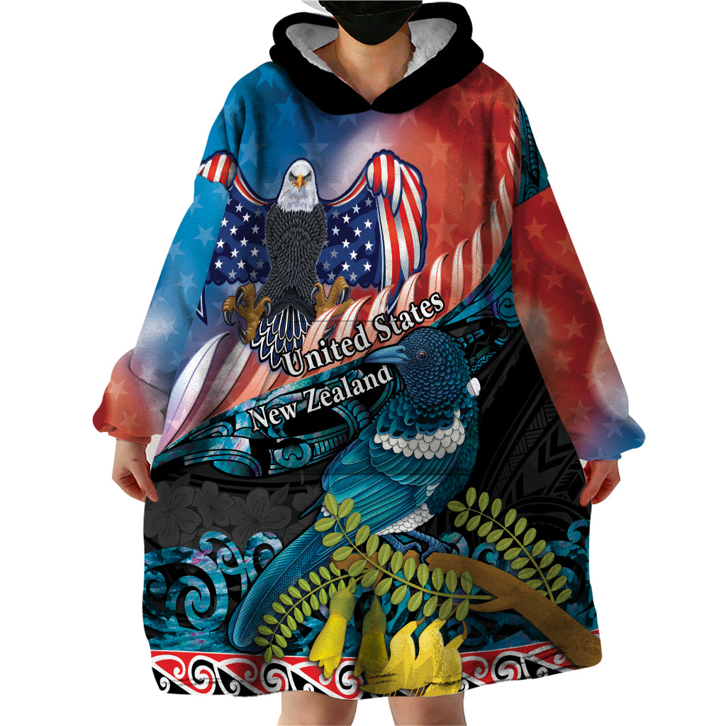 Personalised United States And New Zealand Wearable Blanket Hoodie USA Eagle With Kowhai Aotearoa Tui Bird LT14 - Polynesian Pride