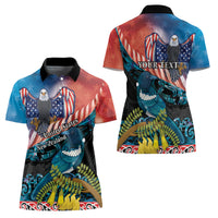 Personalised United States And New Zealand Women Polo Shirt USA Eagle With Kowhai Aotearoa Tui Bird LT14 - Polynesian Pride