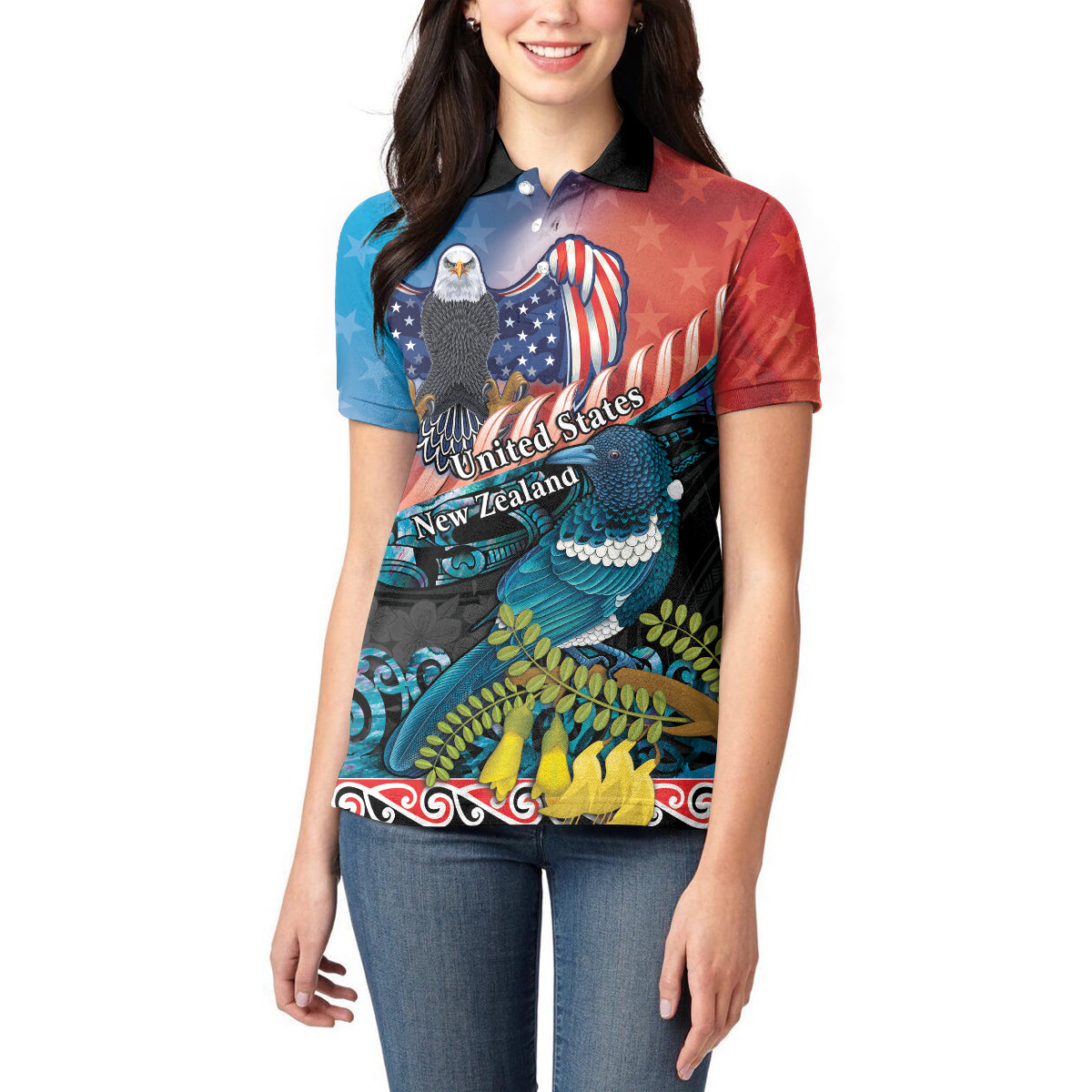 Personalised United States And New Zealand Women Polo Shirt USA Eagle With Kowhai Aotearoa Tui Bird LT14 - Polynesian Pride