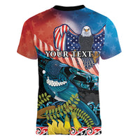 Personalised United States And New Zealand Women V Neck T Shirt USA Eagle With Kowhai Aotearoa Tui Bird