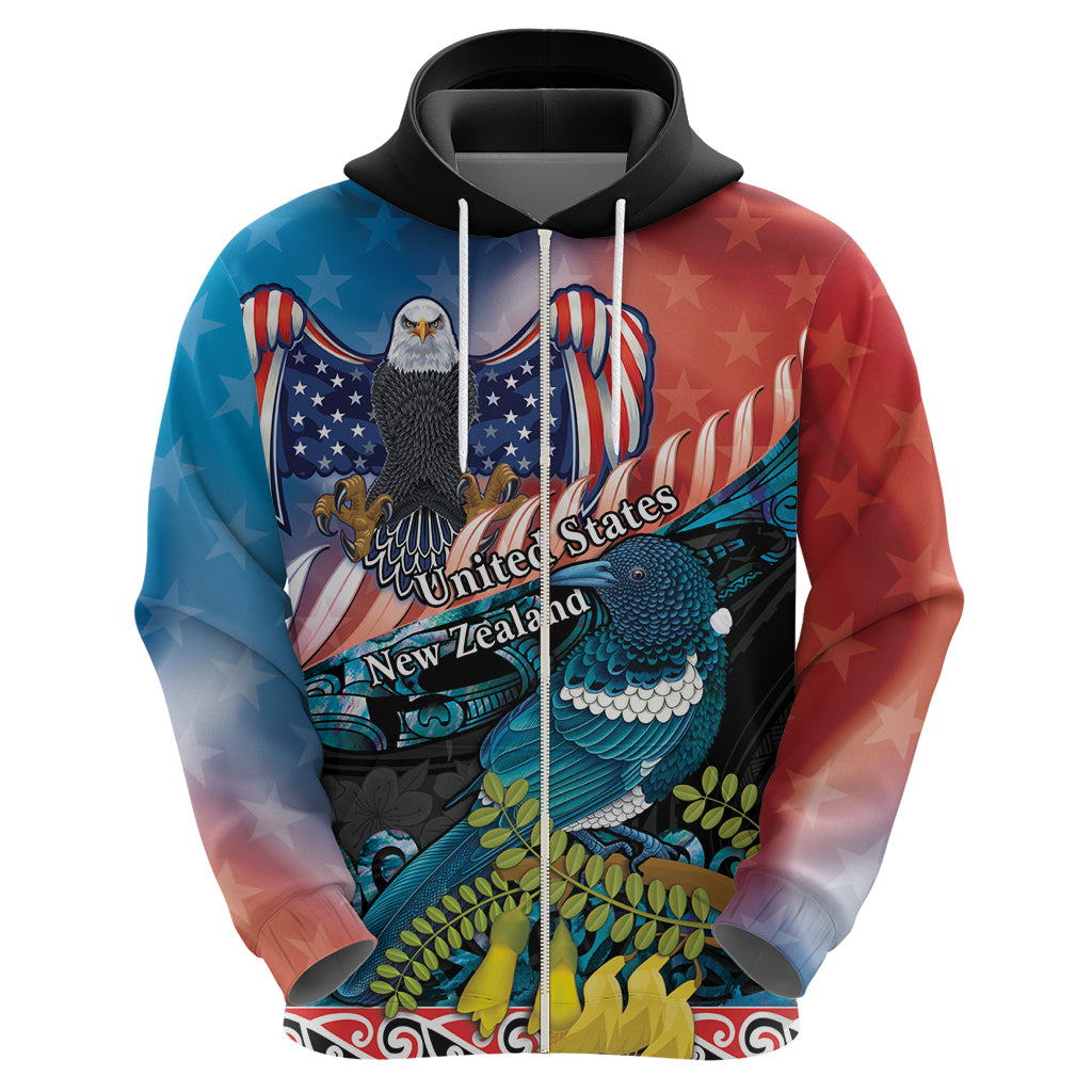 Personalised United States And New Zealand Zip Hoodie USA Eagle With Kowhai Aotearoa Tui Bird