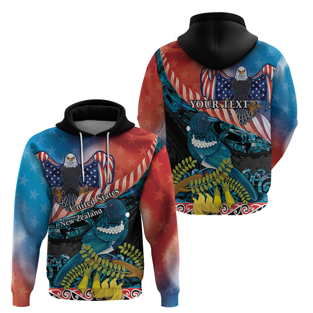 Personalised United States And New Zealand Zip Hoodie USA Eagle With Kowhai Aotearoa Tui Bird