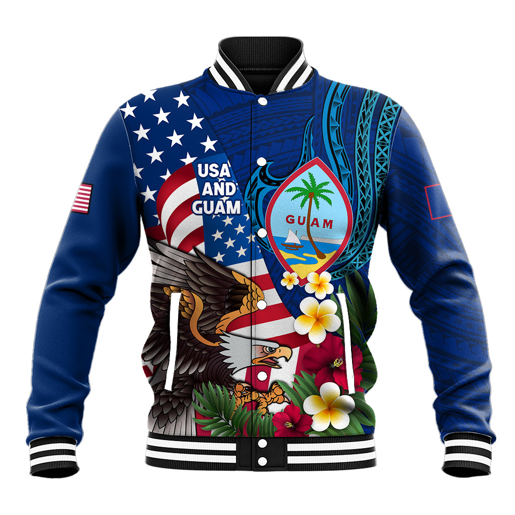 Personalised United States And Guam Baseball Jacket USA Eagle With Guahan Seal Tropical Vibes