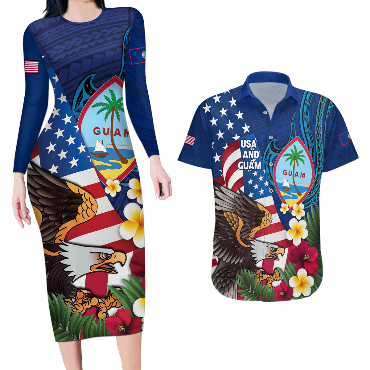 Personalised United States And Guam Couples Matching Long Sleeve Bodycon Dress and Hawaiian Shirt USA Eagle With Guahan Seal Tropical Vibes LT14 Blue - Polynesian Pride