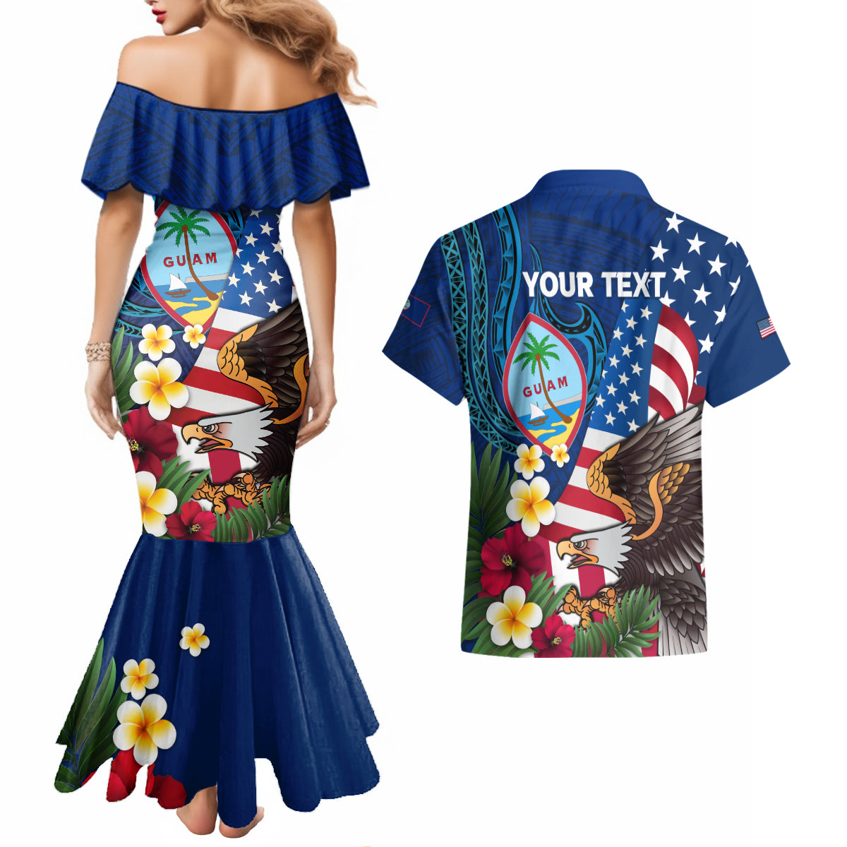 Personalised United States And Guam Couples Matching Mermaid Dress and Hawaiian Shirt USA Eagle With Guahan Seal Tropical Vibes