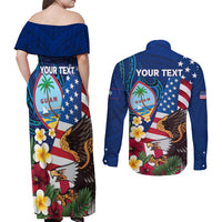 Personalised United States And Guam Couples Matching Off Shoulder Maxi Dress and Long Sleeve Button Shirt USA Eagle With Guahan Seal Tropical Vibes