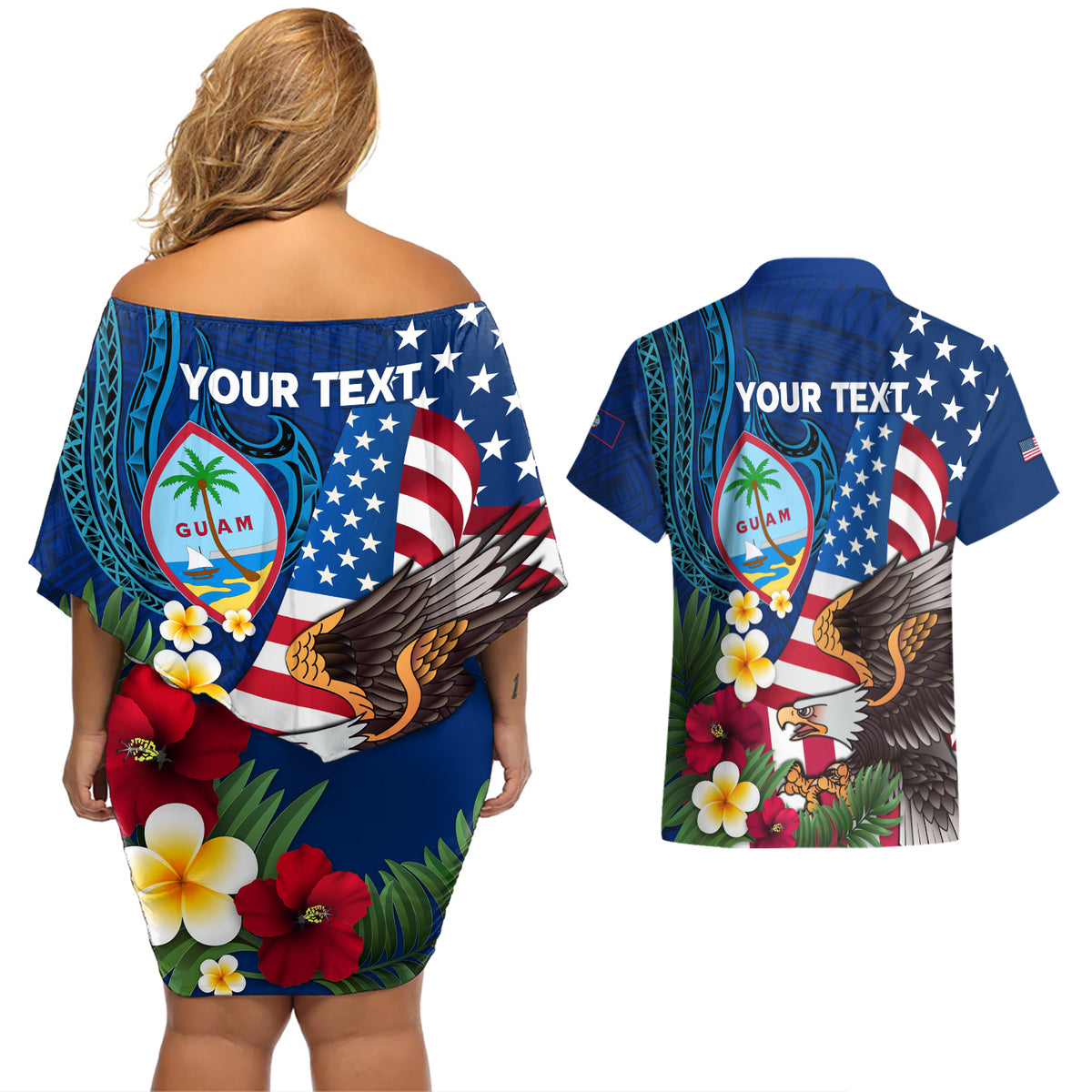 Personalised United States And Guam Couples Matching Off Shoulder Short Dress and Hawaiian Shirt USA Eagle With Guahan Seal Tropical Vibes