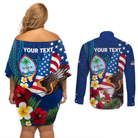 Personalised United States And Guam Couples Matching Off Shoulder Short Dress and Long Sleeve Button Shirt USA Eagle With Guahan Seal Tropical Vibes