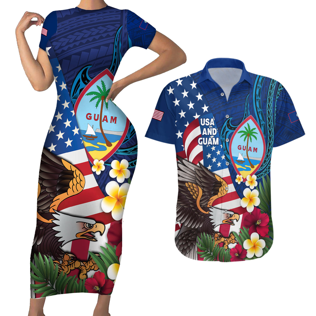 Personalised United States And Guam Couples Matching Short Sleeve Bodycon Dress and Hawaiian Shirt USA Eagle With Guahan Seal Tropical Vibes LT14 Blue - Polynesian Pride