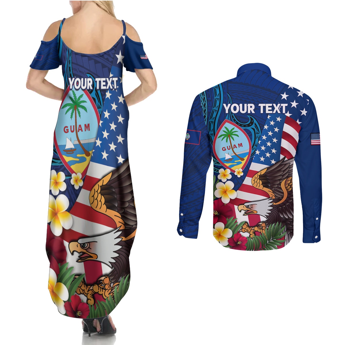 Personalised United States And Guam Couples Matching Summer Maxi Dress and Long Sleeve Button Shirt USA Eagle With Guahan Seal Tropical Vibes