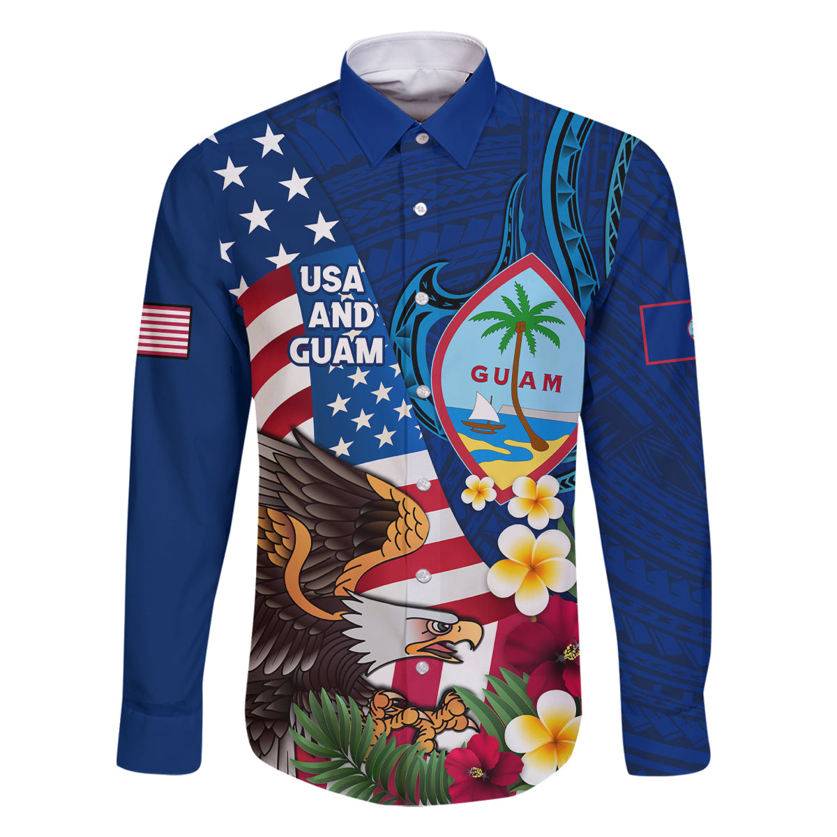 Personalised United States And Guam Family Matching Long Sleeve Bodycon Dress and Hawaiian Shirt USA Eagle With Guahan Seal Tropical Vibes
