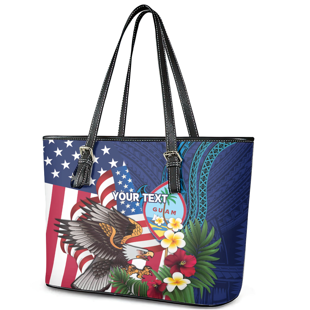 Personalised United States And Guam Leather Tote Bag USA Eagle With Guahan Seal Tropical Vibes