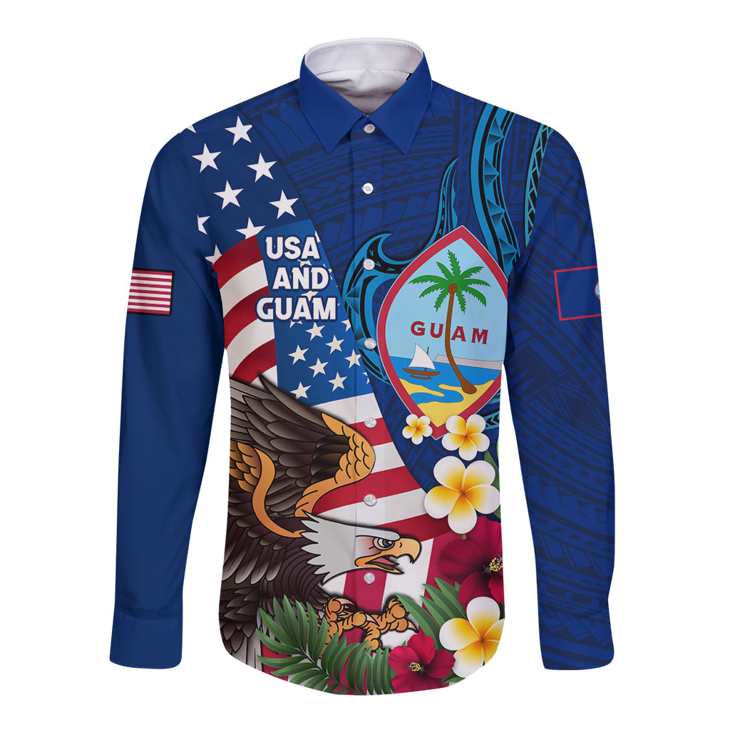 Personalised United States And Guam Long Sleeve Button Shirt USA Eagle With Guahan Seal Tropical Vibes