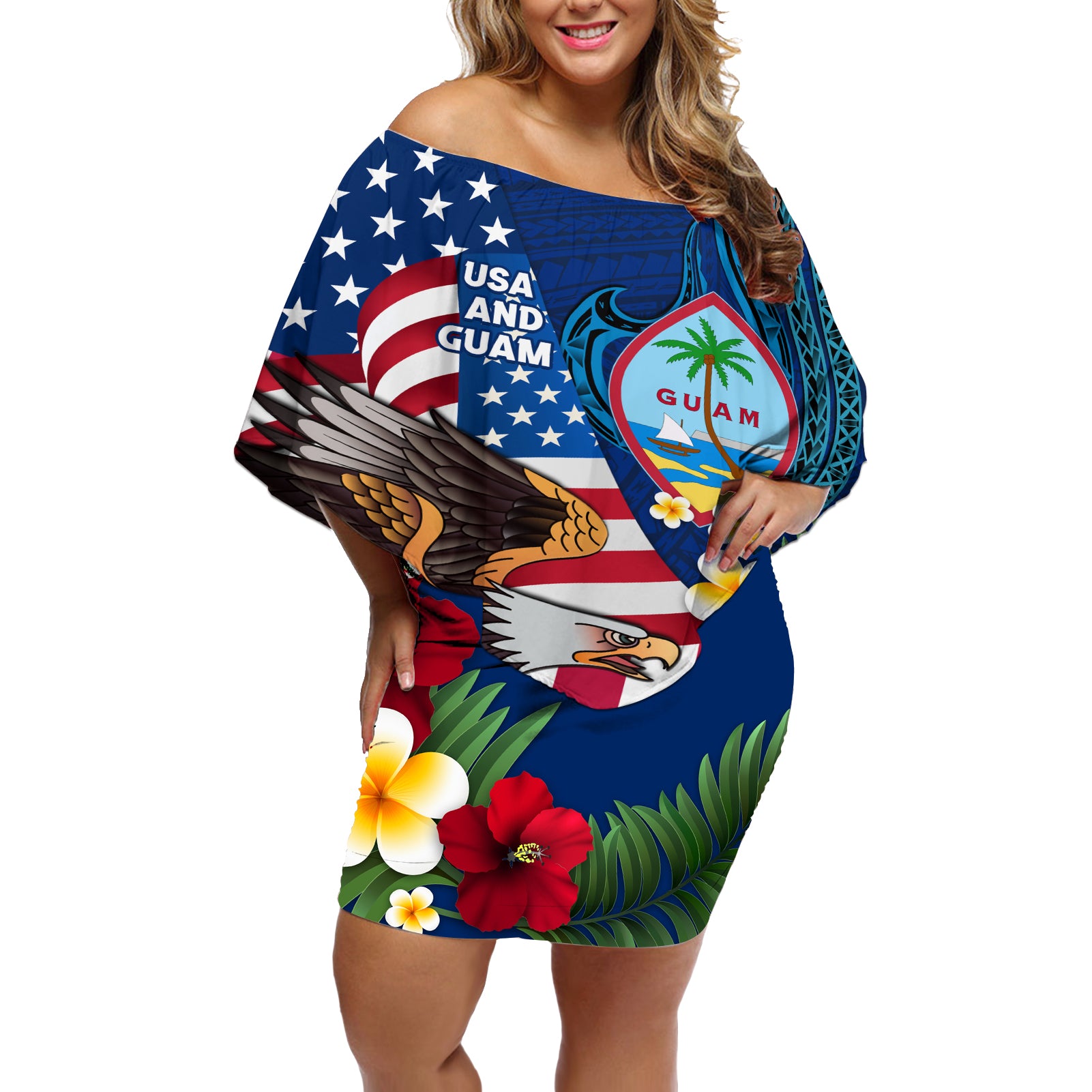 Personalised United States And Guam Off Shoulder Short Dress USA Eagle With Guahan Seal Tropical Vibes