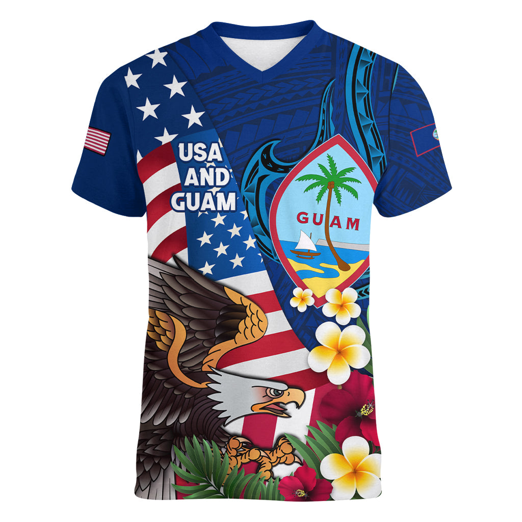 Personalised United States And Guam Women V Neck T Shirt USA Eagle With Guahan Seal Tropical Vibes