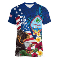 Personalised United States And Guam Women V Neck T Shirt USA Eagle With Guahan Seal Tropical Vibes