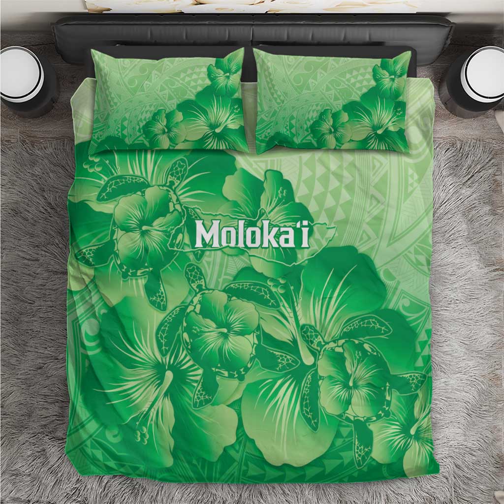 Aloha Hawaii Molokai Island Bedding Set Hibiscus Tribal Honu Hawaiian Tattoo Green